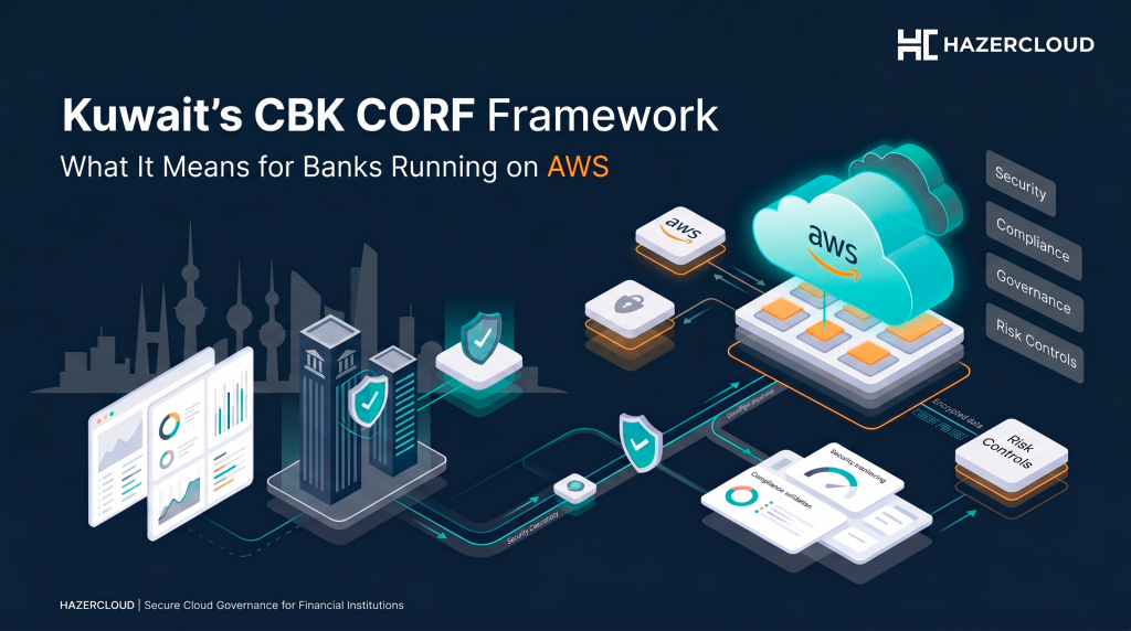 The visual features a clean, dark-mode aesthetic with a deep navy blue background and a stylized silhouette of the Kuwait skyline. In the foreground, abstract banking towers connect to a glowing AWS cloud infrastructure via teal and cyan data pipelines and security checkpoints. Floating architecture blocks and minimal dashboards represent compliance governance, labeled with terms like "Security," "Compliance," and "Risk Controls"