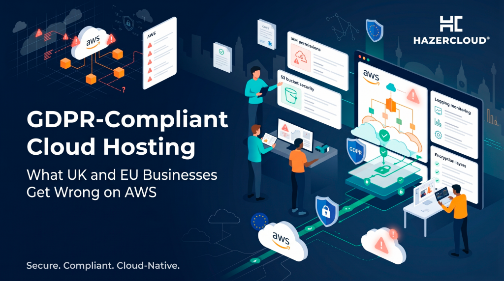 GDPR-compliant cloud hosting on AWS showing UK and EU business compliance challenges, IAM permissions, S3 bucket security, encryption, logging monitoring, and secure cloud infrastructure by HAZERCLOUD.