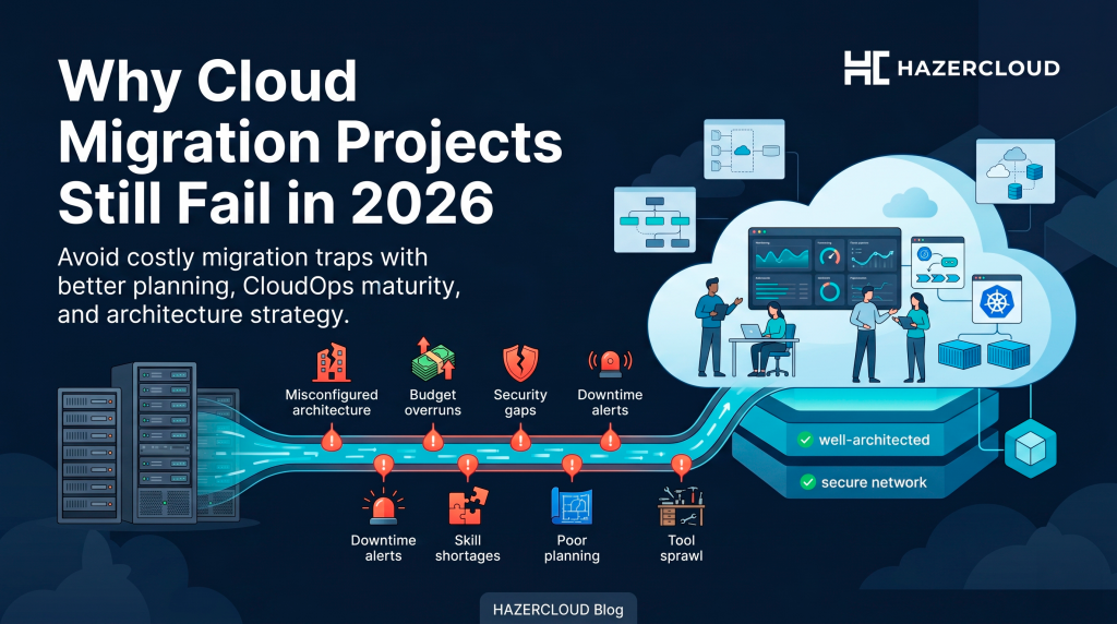 A professional blog banner for HAZERCLOUD showing a digital pipeline moving from old servers to a modern cloud. The image includes warning icons for common migration mistakes like budget overruns and security gaps, with a clear headline: "Why Cloud Migration Projects Still Fail in 2026."