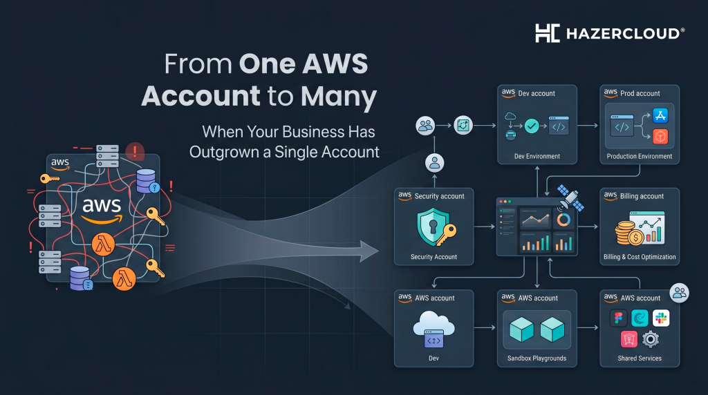 An infographic by HazerCloud titled "From One AWS Account to Many," illustrating the transition from a single, cluttered AWS account to a structured, multi-account architecture with dedicated environments for Dev, Prod, Security, Billing, Sandboxes, and Shared Services