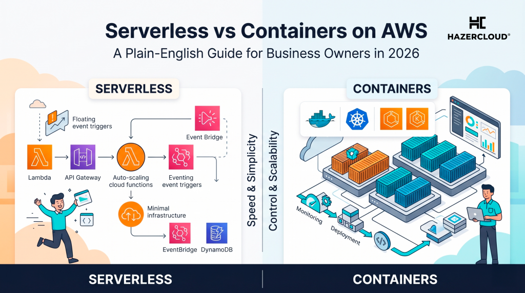 A HAZERCLOUD blog hero image comparing Serverless vs Containers on AWS for business owners. The split-screen SaaS illustration shows AWS Lambda, API Gateway, and DynamoDB for serverless speed and simplicity on the left, and Kubernetes, Docker, and CI/CD container orchestration pipelines for control and scalability on the right.
