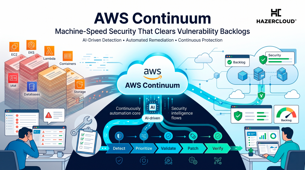 An enterprise SaaS infographic for HAZERCLOUD showing an AI automation pipeline transforming an overwhelming backlog of AWS cloud security vulnerabilities into a clean, continuously protected, and fully secure cloud environment.