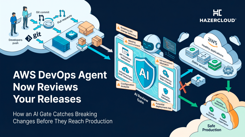 A flat-vector DevOps illustration on a navy background showing a code release pipeline flowing from left to right. On the left, developers push Git commits and containers toward a central, shield-shaped "AI Review Gate" that scans for errors and blocks risks. Approved deployments flow to a stable, AWS-style production environment on the right. The HAZERCLOUD logo sits in the top-right corner, with the bold headline "AWS DevOps Agent Reviews" and subheadline "AI catches breaking changes" on the bottom-left.