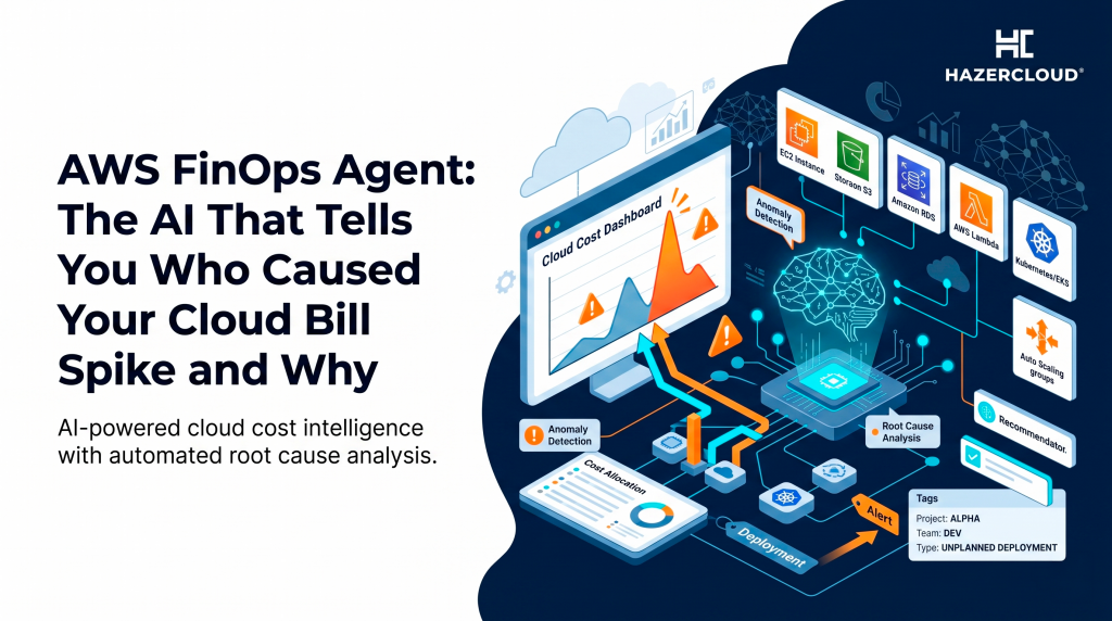 HAZERCLOUD blog featured image titled "AWS FinOps Agent: The AI That Tells You Who Caused Your Cloud Bill Spike and Why," with an isometric illustration of AI root cause analysis across various AWS services.