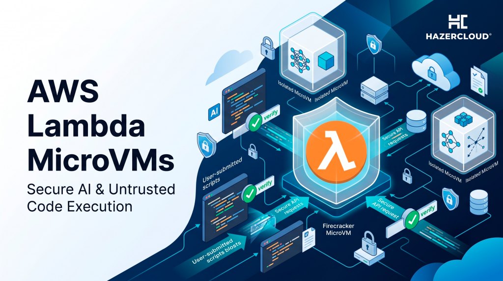 Illustrated technical infographic demonstrating secure code execution using AWS Lambda and MicroVMs.