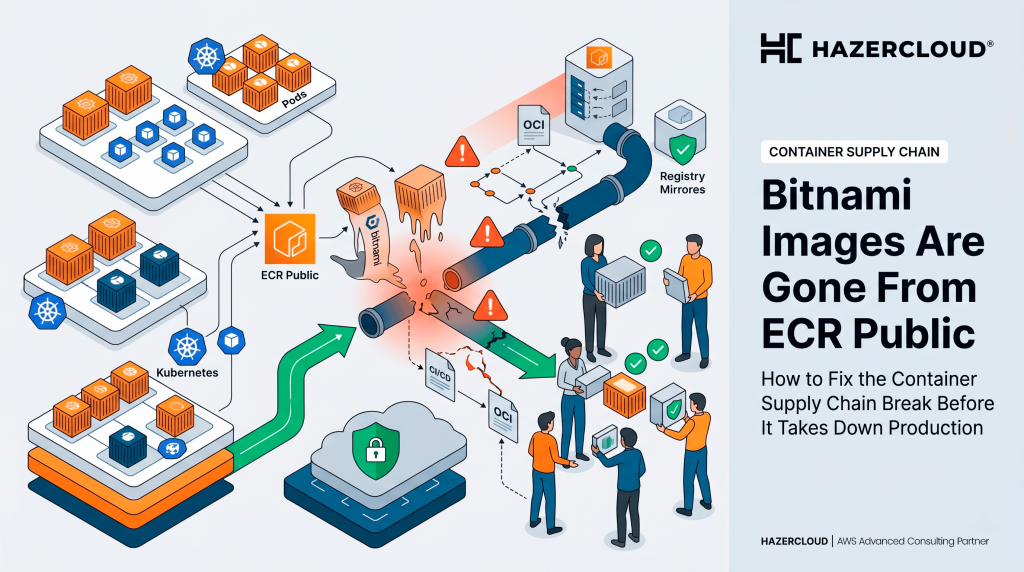 An isometric illustration of a broken cloud-native supply chain. At center, red warning signs and melting pipelines labeled "Bitnami" and "OCI" show a failure. On the left, Kubernetes and ECR Public icons are disconnected. On the right, engineers build a "Registry Mirror" for a fixed, secure "CI/CD" flow. Hazercloud branding and text on the right says, "Bitnami Images Are Gone From ECR Public."