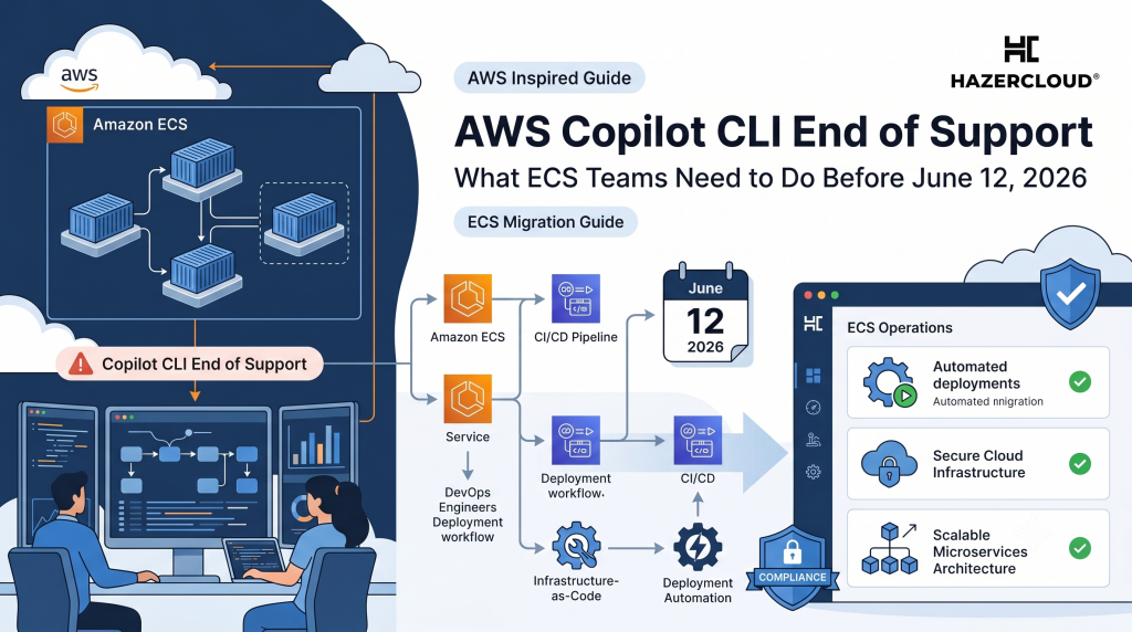 HAZERCLOUD infographic mapping the migration from AWS Copilot CLI to automated ECS operations by June 12, 2026.