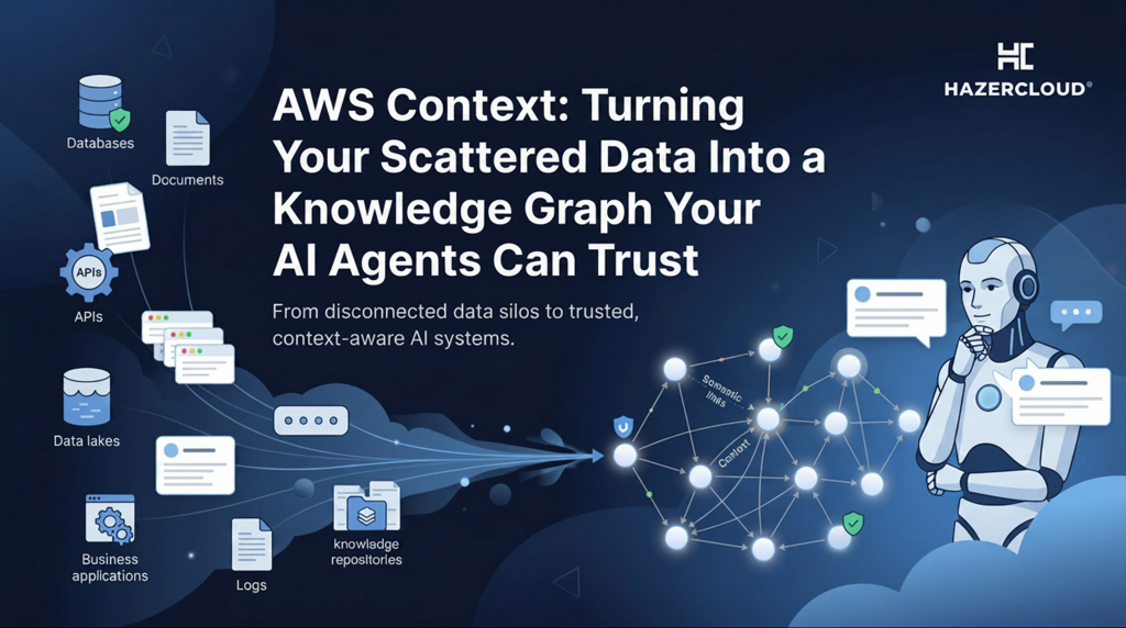 An illustration showing scattered data sources converging into a glowing knowledge graph, which an AI agent interacts with against a dark blue background, featuring the HAZERCLOUD logo.
