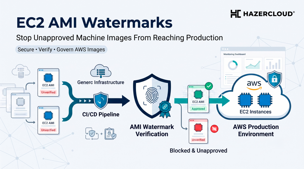 A flat vector SaaS illustration showing an AWS CI/CD pipeline. On the left, unverified EC2 AMI cards enter the workflow. At the center, a large shield with a fingerprint represents "AMI Watermark Verification," which filters the images. To the right, approved AMIs successfully enter a secure AWS production cloud, while unverified AMIs are blocked and diverted downward. The top-left features text reading "EC2 AMI Watermarks," and the official HAZERCLOUD logo (from 304x135.png) is positioned in the top-right corner.