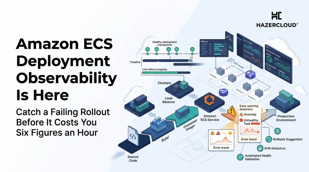 A premium flat-style enterprise tech illustration for a HAZERCLOUD blog post, titled "Amazon ECS Deployment Observability Is Here." The image displays an AWS CloudOps pipeline flowing toward production, highlighting an early warning observability checkpoint catching an anomaly before it hits the live environment.