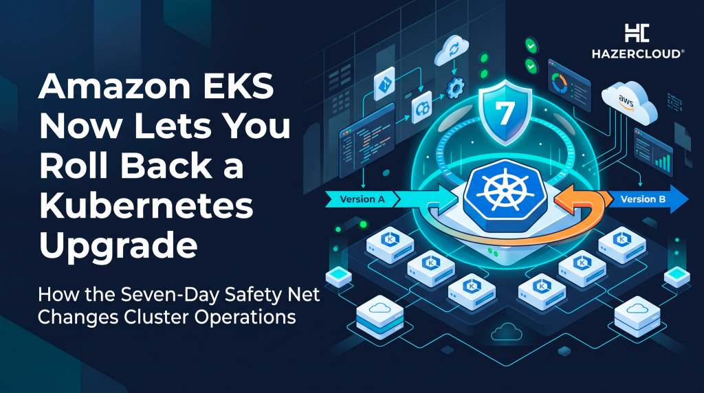 Premium SaaS-style vector illustration for a HAZERCLOUD blog post. The dark navy background features clean typography on the left reading "Amazon EKS Now Lets You Roll Back a Kubernetes Upgrade." The right side showcases a stylized Amazon EKS cluster with connected worker nodes, deployment pipelines, and a prominent orange rollback arrow looping from "Version B" back to "Version A." A glowing protective shield marked with a "7" safeguards the cluster, and the HAZERCLOUD logo is placed cleanly in the top-right corner.