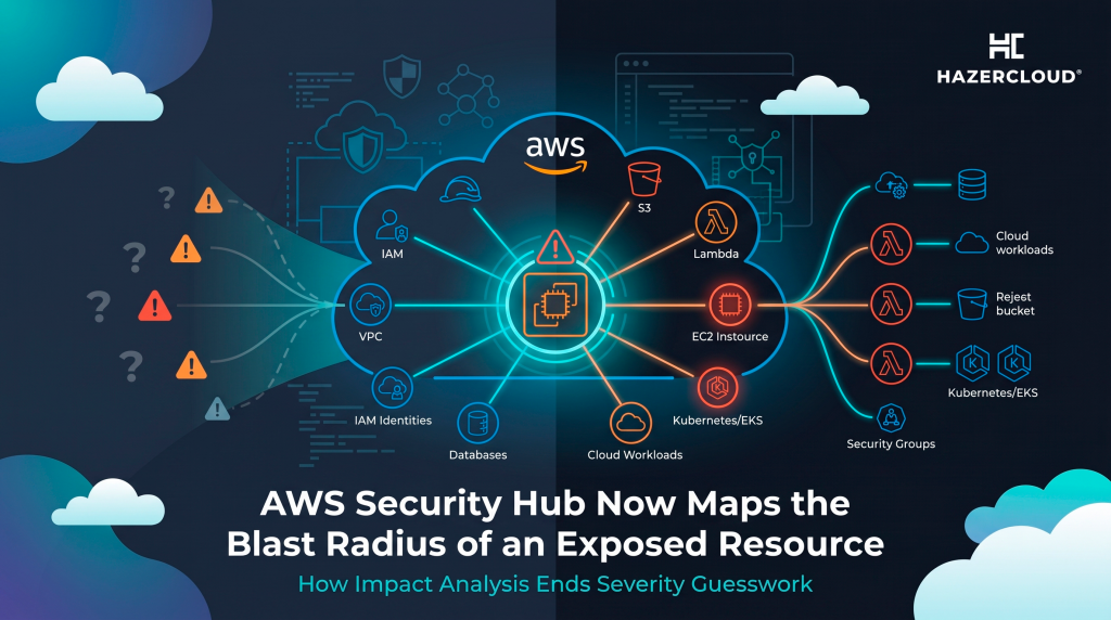 An enterprise SaaS vector illustration for a HAZERCLOUD blog cover showing an AWS security blast radius map. A central exposed EC2 instance radiates a network graph to connected services (S3, Lambda, IAM, EKS), highlighting affected resources in orange and unaffected ones in blue. The headline reads, "AWS Security Hub Now Maps the Blast Radius of an Exposed Resource."