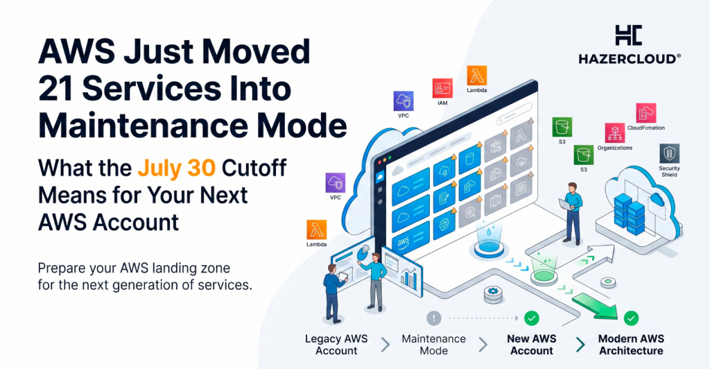 A premium flat-vector SaaS illustration showing a modern AWS cloud migration pathway on a white background with strong whitespace. On the left, bold text reads: 'AWS Just Moved 21 Services Into Maintenance Mode,' with a subtitle 'What the July 30 Cutoff Means for Your Next AWS Account' highlighted in orange. On the right, a large digital dashboard features service tiles and icons transitioning from vibrant blue to muted gray with soft gray warning indicators. Illustrated engineers review migration plans on screens beside a roadmap at the bottom, which uses arrows to guide users from 'Legacy AWS Account' to 'Modern AWS Architecture' via a glowing green 'New AWS Account' pathway.